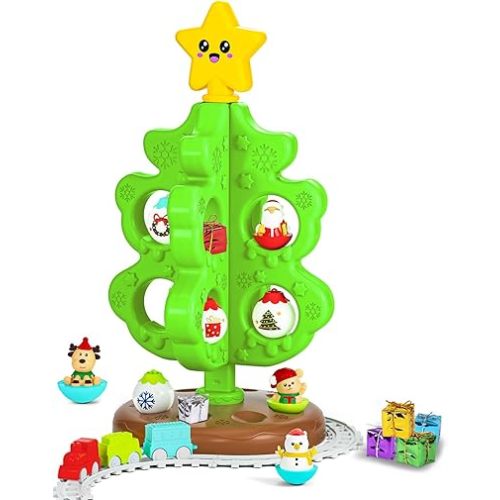 My First Christmas Tree for Toddlers, Montessori Christmas Decoration Toy with Ornaments, Mini Train Set, Roly Poly Toys, Finger Puppets, Birthday Xmas Gifts for Little Kids Boys and Girls Ages 1.5+