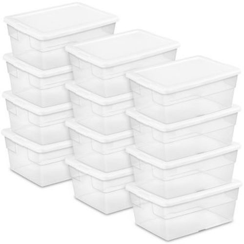 Sterilite 6 Qt Storage Box, Stackable Bin with Lid, Plastic Container to Organize Shoes and Crafts on Closet Shelves, Clear with White Lid, 12-pack