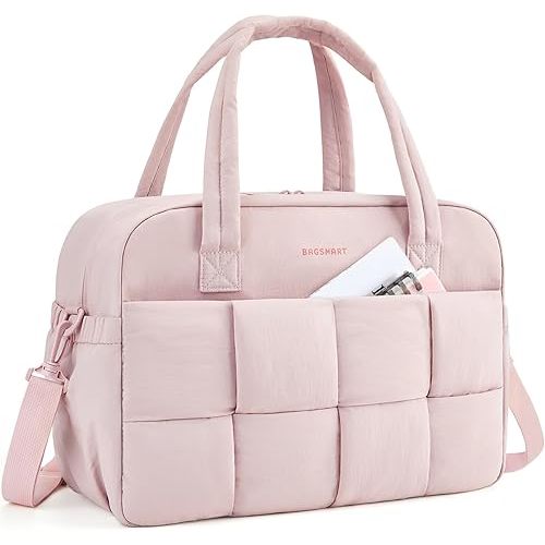 BAGSMART Diaper Bag for Women, 29L Puffer Travel Duffle Bag for Travel with Laptop Compartment, Weekender Bags for Women, Carry On Duffel Bag Personal Item Bag, Baby Pink