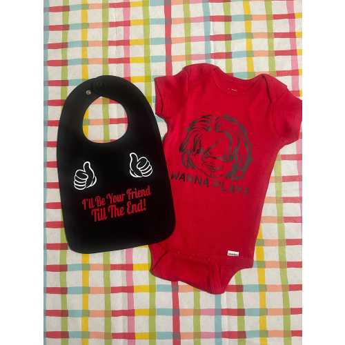 Halloween Chucky onsie and bib set- Want to play?