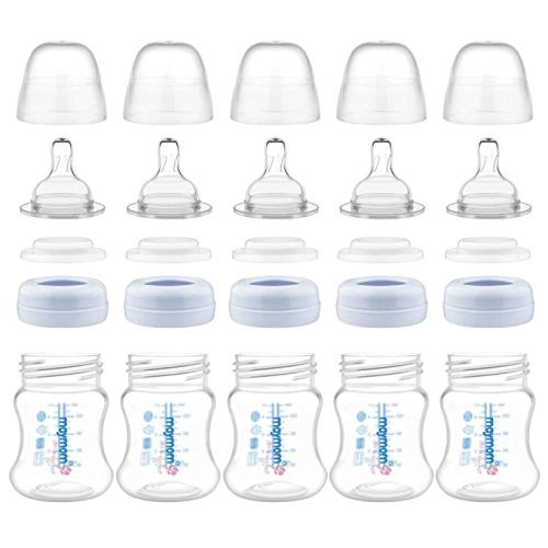 Maymom Wide-Mouth Milk Storage Feeding Collection Bottle with Nipple, Dome Cap, Bottle Top, SureSeal Sealing Disk; Compatible with Spectra Pump/Motif Luna; 5 pc (4.7Oz/140mL)