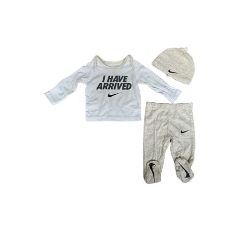 Nike Baby Boy Footed Pants, Long Sleeve Top and Beanie 3 Piece Set (W(56K437-W67)/I, 6 Months)
