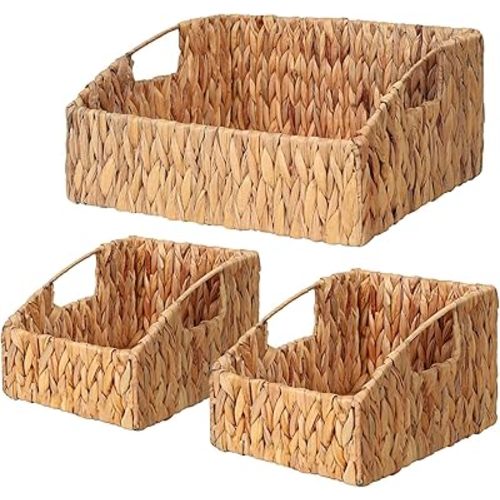 Ollieroo Natural Water Hyacinth Storage Baskets, Handwoven Wicker Storage Bins with Built-in Handles, Storage Container Baskets for Shelves, Bedroom, Bathroom, Laundry Room or Kitchen(Set of 3)