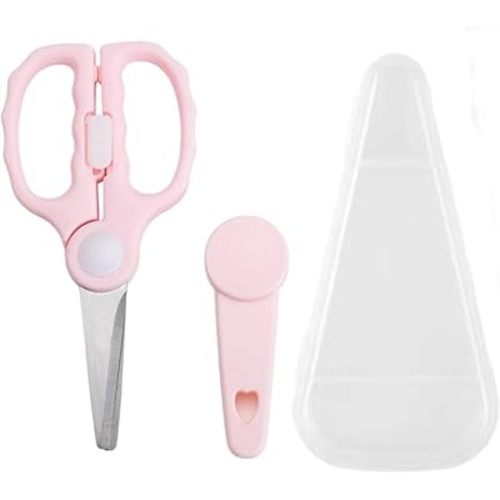 Baby Food Scissors with Travel Case, Portable Stainless Steel Shears with Safety Lock, Dishwasher Safe, Kitchen Scissors, Healthy Food Cutter with Dust Cover, Pink