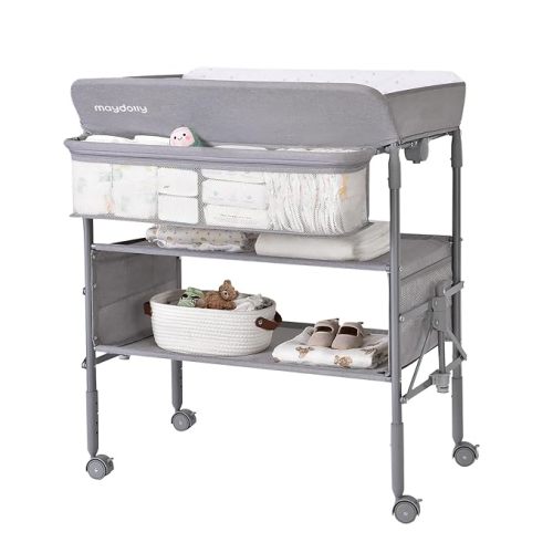Maydolly Baby Changing Table, Portable Foldable Changing Table, Waterproof Diaper Changing Station, Adjustable Height Changing Station, Mobile Nursery for Newborn and Infant
