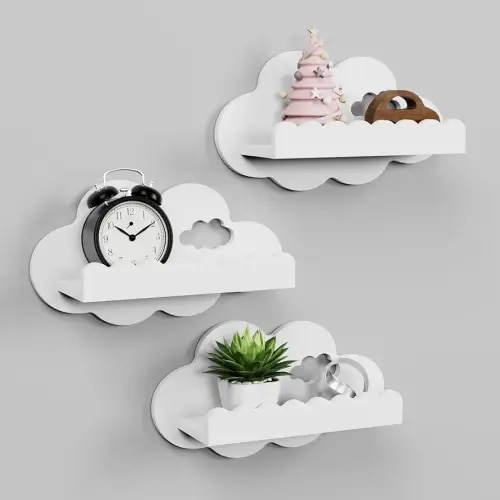 NACHES Floating Nursery Bookshelf Set of 3 Scalloped White Cloud Wood Wall Mounted Pictuer Ledge Shelf Kids Room Toy Hanging Rack Baby Toddler Child Boy Girl's Bedroom Living Room Palyroom Decor