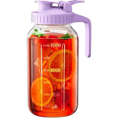 64 oz Glass Pitcher with Lid, Large Wide Mouth Mason Jar with Pour Spout, Purple Sun Tea Glass Jar for Outside, Juice Pitcher Great for Drink, Cold Beverages and Breast Milk