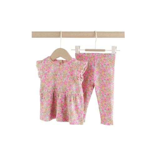 Kids' Fleuro Ditsy Ruffle Stretch Cotton Top & Leggings Set, 0-3M