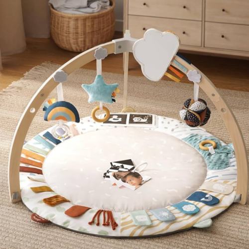 Blissful Diary Baby Play Gym & Activity Mat, 5 Developmental Zones Wooden Tummy Time Mat with 5 Detachable Sensory Toys for Motor Skills & Sensory Development, Baby Essentials Shower Gift