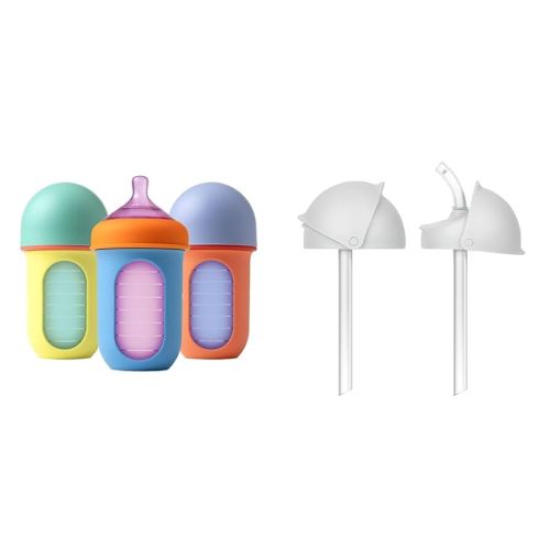 Boon Nursh Reusable Baby Bottle with Silicone Pouch Design Bundle - Stage 2 Medium Flow 8 Oz Baby Bottles, Silicone Straw Sippy Cup Conversion Lids for Nursh Bottles - 2 Count