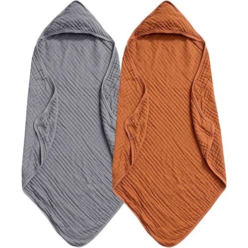 PHF 2 Pack Baby Hooded Towels, 100% Muslin Cotton Baby Bath Towel with Hood for Newborn, Infant, Toddler, Ultra Soft and Absorbent Baby Essentials Bath Towels for Boys Girls, 32x32Inch, Grey & Brown