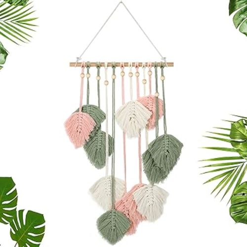 Oudain Large Macrame Wall Hanging Leaves Boho Green Leaf Macrame Tapestry Wall Decor Leaf Feather Handmade Woven Hanging Wall Art Bohemian Decoration for Bedroom Living Room Nursery 16.5 x 35.4 Inch(Pink)
