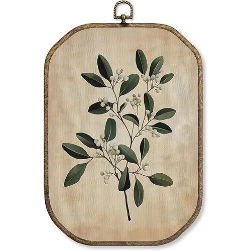 WUHSDIBC Cottagecore Floral Mistletoe Octagon Wall Art Decor, Vintage Flower Botanical Framed Canvas Art Prints, Retro Rustic Floral Wall Hanging Decor for Bedroom Bathroom Living Room, 10.2x7 Inches