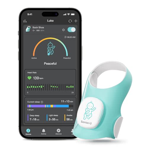 Sense-U Baby Smart Sock Shoe Baby Monitor, Track Sleep Patterns, Heart Rate, Movement for Peace of Mind, Infant Foot Monitor for Better Sleep, FSA/HSA Eligible, 0-12M