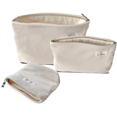 HAPPYHEIDI Corduroy Bag Set 3 w Divider Cosmetic Toiletry Travel Pouch Purse Organizer, 3-Size, Soft Creamy White
