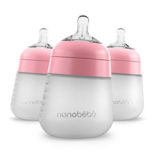 Nanobebe Flexy Silicone Baby Bottle Anti-colic Nipple, Soft Body, Stable Base - Pink - 9oz/3pk