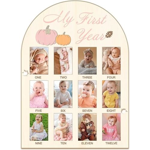 Aukolass My First Year Photo Board Pumpkin Themed Baby's 1st Birthday Picture Frame 12 Months Photos Milestone Keepsake Board, 1st Birthday Party Decorations (Pink, 11.6 * 16.0inch)