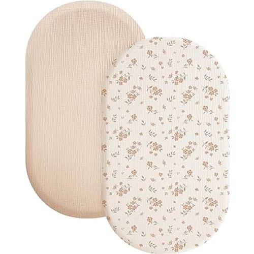Konssy 2 Pack Muslin Fitted Bassinet Sheets for Baby Girl Boy, Soft Breathable Baby Bassinet Sheets Fit for Baby Bassinets, Cradle, Moses Basket Oval Rectangle Pad/Mattress (Orange Floral,Wheat)