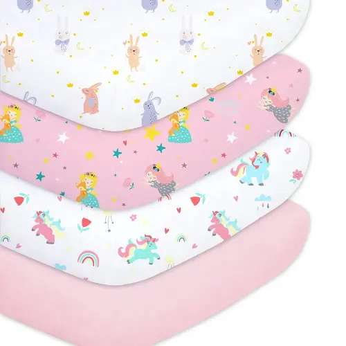 Plushii 4 Pack Fitted Crib Sheets for Baby Boys, 28"x 52" Extra Soft Microfiber Crib Sheet Set for Standard Crib & Toddler Mattress Pad, Rabbit & Dreaming in Wonderland & Rainbow Horse & Pink