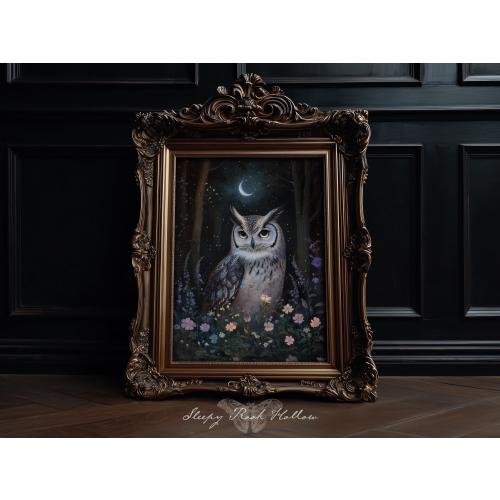 Owl & Moon | Celestial Dark Academia Art Print, Witchy Fantasy Decor (Digital Download)