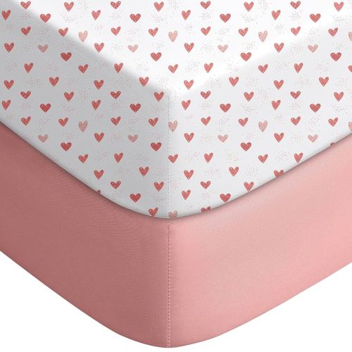 Yoofoss Pack and Play Sheets Fitted, Mini Crib Sheets 2-Pack for Pack N Play Mattress, Stretchy Playard Sheet, Soft and Breathable Pink + Heart