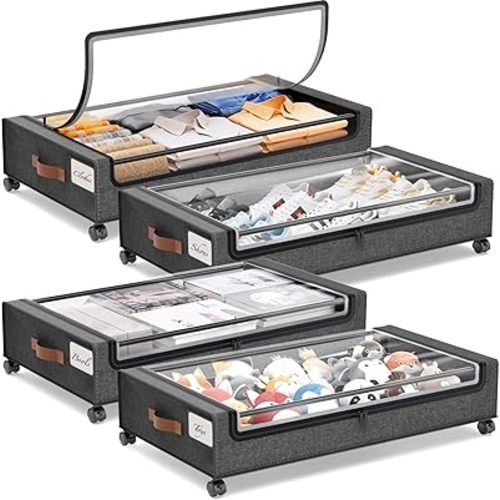 Yecaye Under Bed Rolling Storage with Wheels, 4 Pack Large Under Bed Containers with Clear Window & Label, Rolling Metal Drawer for Clothes, Shoes, Toys, Books