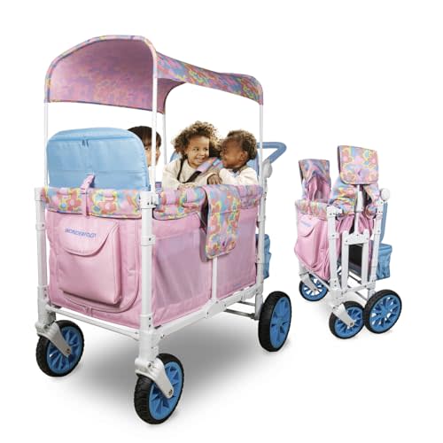 WONDERFOLD W4 Luxe Stroller Wagon (4 Seater) - Collapsible Wagon Stroller with Seats with 5-Point Safety Harnesses and Sun Canopy, Petal Pop