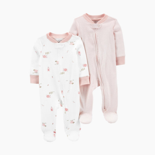 2-Way Zip Cotton Sleep & Plays (2 Pack) - White/Pink Stripes