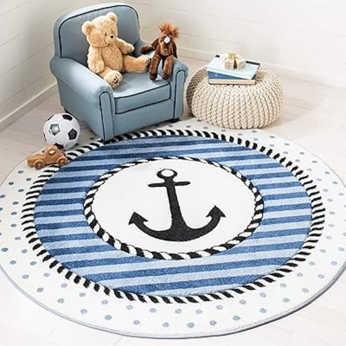 SAFAVIEH Carousel Kids Collection 5'3" Round Navy/Ivory CRK124N Nautical Anchor Nursery Playroom Area Rug