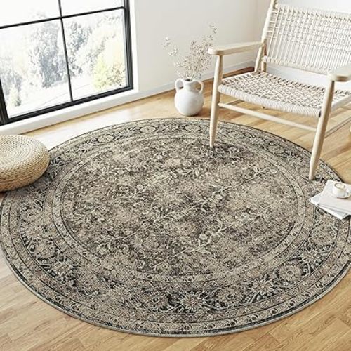 Brown Round Area Rug 6ft Washable 6x6 Circle Vintage Low Pile Indoor Large Kitchen Living Room Carpet Non Slip Traditional Distressed Retro Accent Throw Rug Office Dining Room