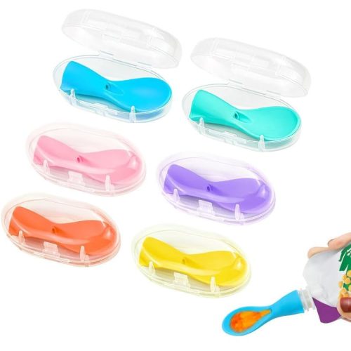 Morlike Baby Food Pouch Topper Silicone Spoons with Travel Cases, Squeeze Pouch Attachment Toppers for Travel and Feeding (6 Pack) - Not Include Squeeze Pouch