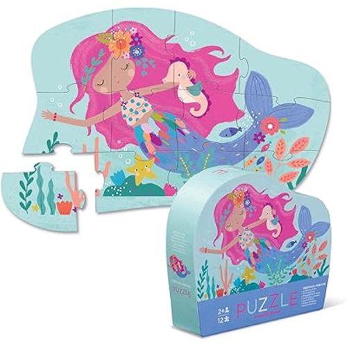 Crocodile Creek 12-Piece Mini Jigsaw Puzzle - Fun Floor Puzzles for Kids Ages 2-4 and Up - Heavy-Duty Shaped Box for Storage - Mermaid Dreams - 12" x 9" Finished