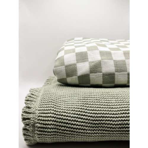 Green Checkered Muslin Baby Blanket and Green Knit Baby Blanket Bundle