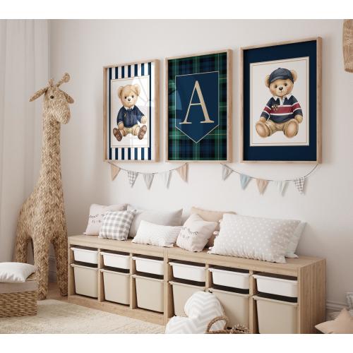Personalized Teddy Bear Nursery Wall Art, Polo Bear Nursery, Custom Baby Boy Nursery Decor, Set of 3 Prints, Classic Nursery Initial Print