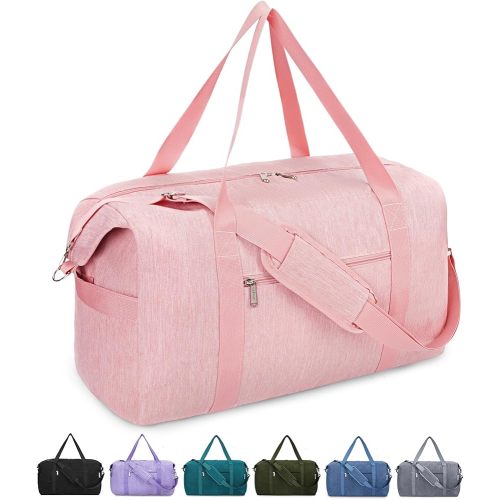 Narwey Carry on luaggage 22x14x9 Airlines Approved Foldable Carry on Bag Travel Duffel Packable Duffle with Wet Pocket Overnight for Women and Men 40L (Pink)