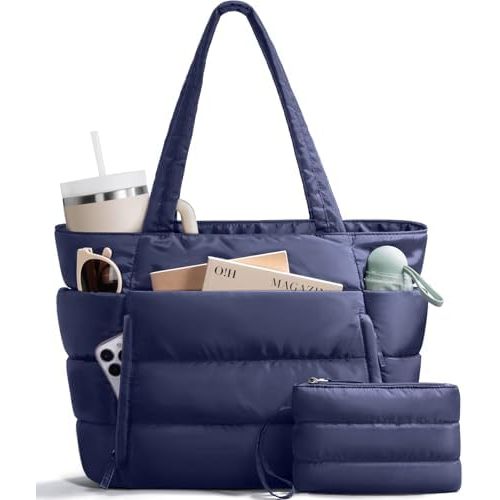 Bagstellar Puffer Tote Bag for Women, Lightweight Puffy Work Handbag Teacher Nurse Quilted Shoulder Bag for School Travel Gym