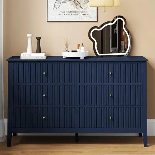 RoyalCraft 6 Drawer Dresser, Fluted Modern Wood Chest of Drawers, Long Dresser for Bedroom TV Stand Storage Cabinet for Living Room, Blue