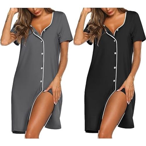 Ekouaer 2 Pack Nightgowns for Women Button Sleepshirt Short Sleeve V Neck Nightshirt Soft Sleepwear Lounge Dress S-XXXL