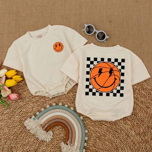 Smile Face Basketball Baby Romper, Retro Checkered Game Day Bodysuit, Basketball Game Day Romper, Basketball Baby Shower Gift, Bubble Romper