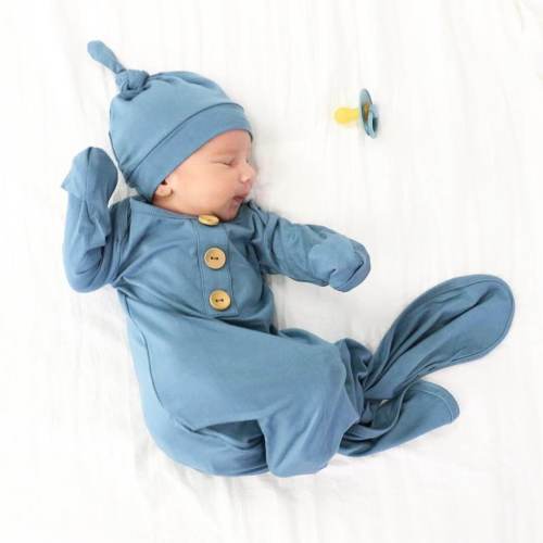 Solid Dusty Blue Bamboo Baby Knot Gown & Hat