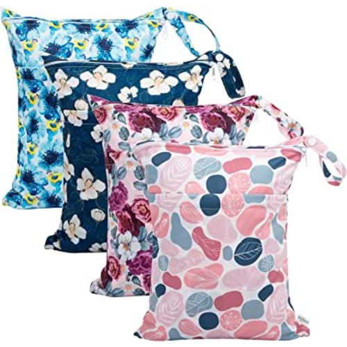babygoal Wet Dry Bags for Baby Cloth Diapers, Washable Travel Bags, Beach, Pool, Gym Bag for Swimsuits & Wet Clothes with Two Zippered Pockets 4 Pack, 4LN14