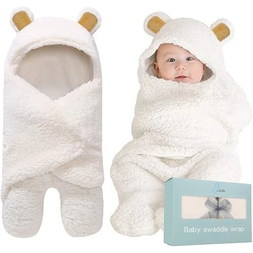 BlueMello Baby Bear Swaddle Blanket | Ultra-Soft Plush Essential for Infants 0-6 Months | Receiving Swaddling Wrap White | Ideal Newborn Registry and Toddler Boy Accessories | Perfect