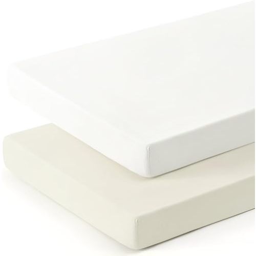 GRSSDER Mini Crib Sheets Fitted, Pack and Play Sheets 2 Pack, Ultra Soft Stretchy Pack N Play Sheets, Universal Fit for Playard Mattress, Jersey Crib Sheets Neutral for Boys and Girls, Cream/White
