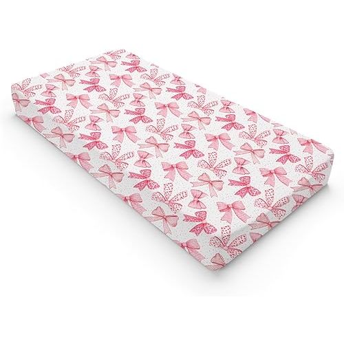 Pink Valentine's Bows Baby Changing Pad Covers for Girls 32''x16'' Girly Pink Hair Bows Fitted Diaper Change Table Pad Mats Valentine Hearts Love Soft Breathable Nursery Cradle & Bassinet Sheets Pink