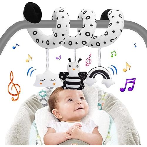 Baby Spiral Hanging Stroller and Car Seat Toys for Babies 0-6 Months Black and White High Contrast Sensory Toy Newborn Plush Activity Toys for Crib Mobile, Best Gift for 0 3 6 9 12 Months Baby