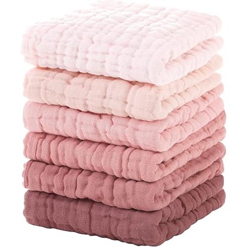 Muslin Baby Washcloths 6 Pack, 100% Cotton Burp Cloths Baby, Large 12''X12'' Baby Wash Cloths Absorbent and Soft for Newborn Infants Kids Boys Girls Pink