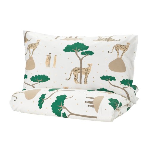 SANDLÖPARE Duvet cover and pillowcase(s) - white dark blue/savannah Twin