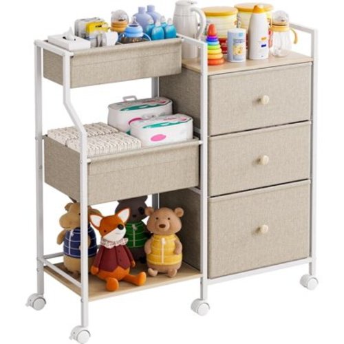Baby Organizer and Storage Cart - 3 Tier Baby Rolling Cart with Dividers and Drawers, Easy to Assemble, Mobile Utility Cart with Wheels for Nursery, Bedroom, Changing Table & Crib,Off White