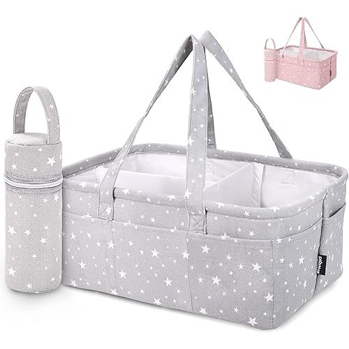 Baby Diaper Caddy Organizer - Baby Shower Basket | Large Nursery Storage Bin for Changing Table | Car Travel Tote Bag | Newborn Registry Must Have | Bonus Bottle Cooler | Gray