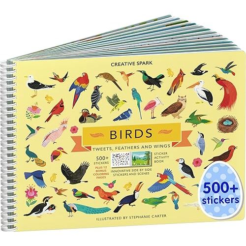 Cupkin Bird Sticker Book Activity for Kids, Toddler Airplane Travel Essentials, 500+ Parrot Stickers + 12 Scenes + 12 Coloring Book Pages, Bird Lover Kids Gift, Kid Crafts for Ages 2-8